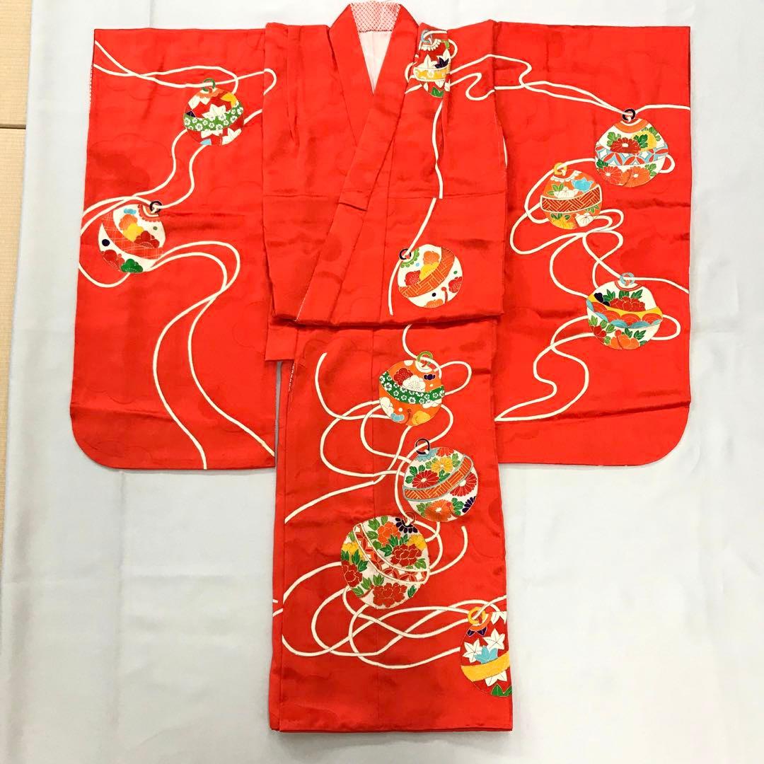 梅乃【082】正絹 7歳 四つ身 着物 朱色 鈴 手描き友禅 本加工 上質