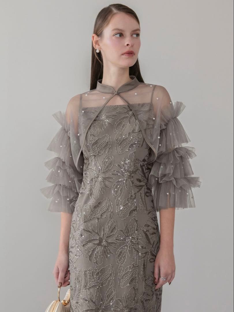 パールフリルチュールボレロレイヤードIラインワンピースドレス結婚式パーティー パールフリルチュールボレロレイヤードIラインワンピースドレス