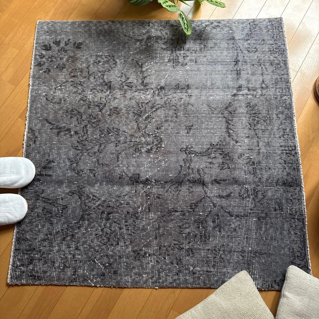 92.5×92.5 正方形 ダークグレイ ボタニカル トルコヴィンテージラグ