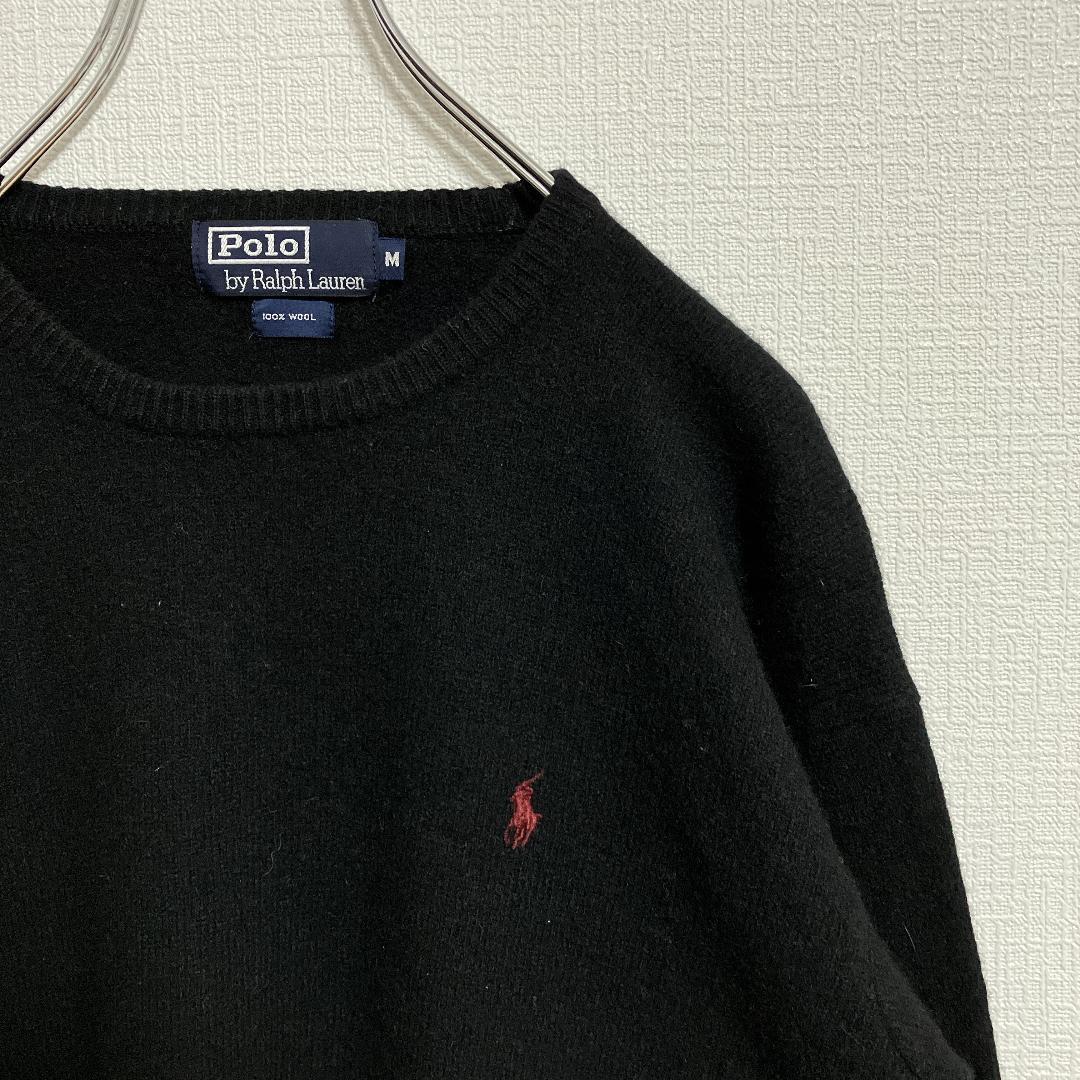 大人気90sラルフローレンワンポイント刺繍ウールセーターM黒ブラック