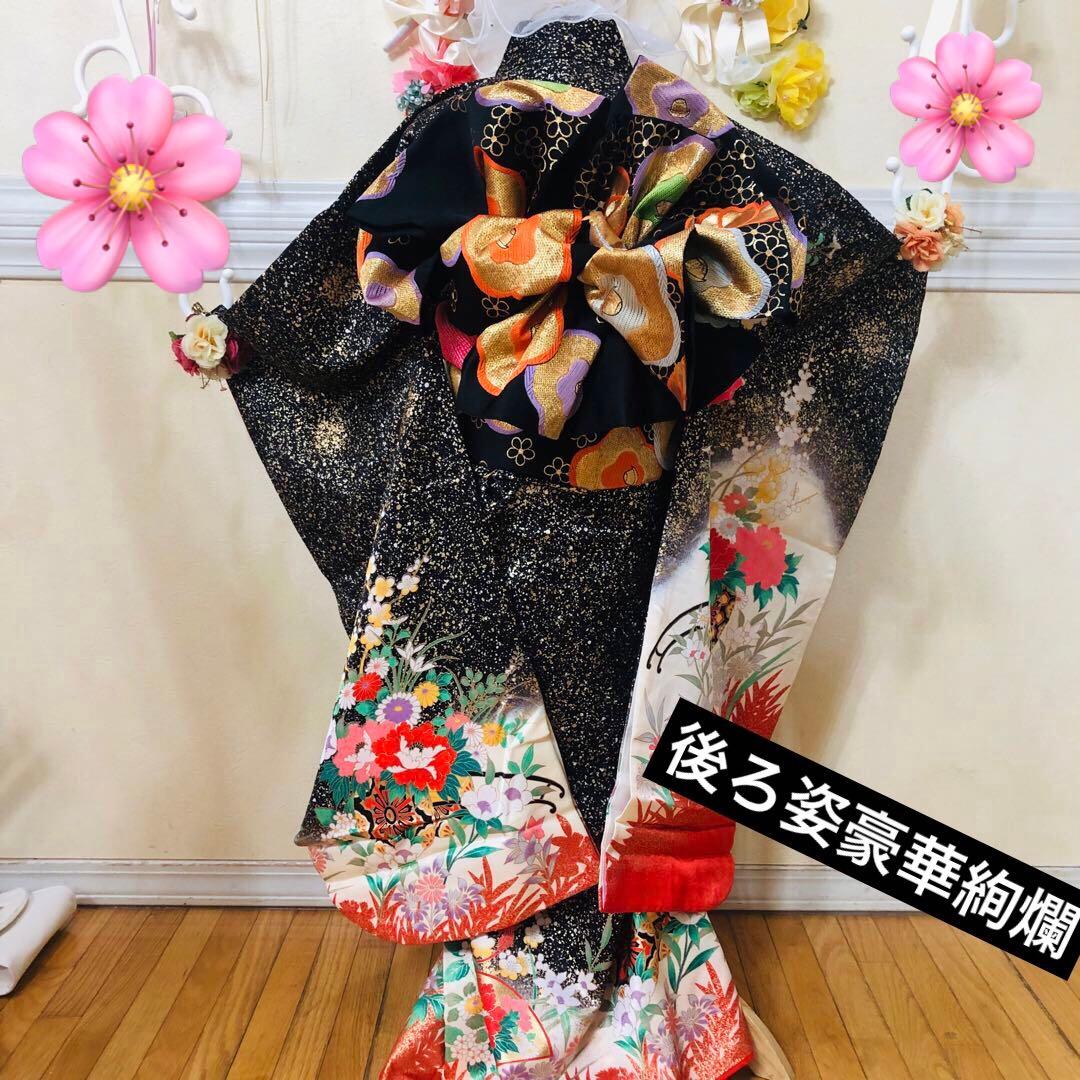 豪華7歳完全フルセット‼️豪華黒地ラメキッラキラ⭐︎花車扇金彩刺繍煌