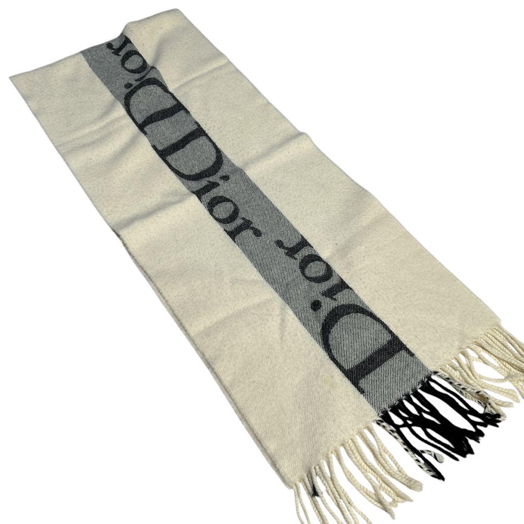 美品 Dior ロゴ マフラー ストール ロゴライン ウール混 フリンジ 白