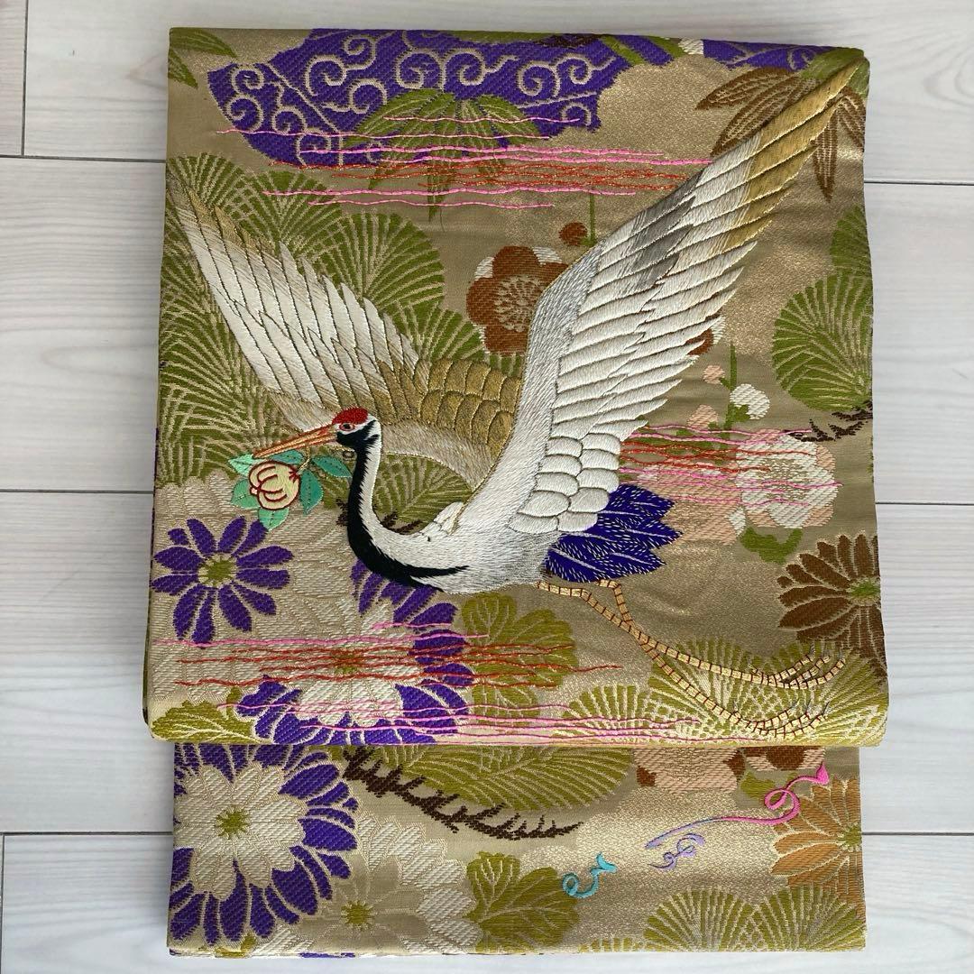 アンティーク名古屋帯　鶴の刺繍　金駒刺繍　上質　正絹　No.2-24
