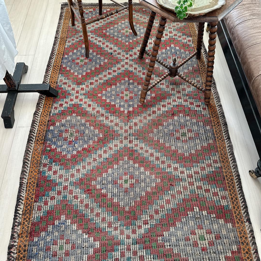 トルコ製ヴィンテージラグ940レア 大判 オールドキリム ジジム ブルー レッド オールドキリム キリムラグ トルコ絨毯 手織り ヴィンテージ ひし形