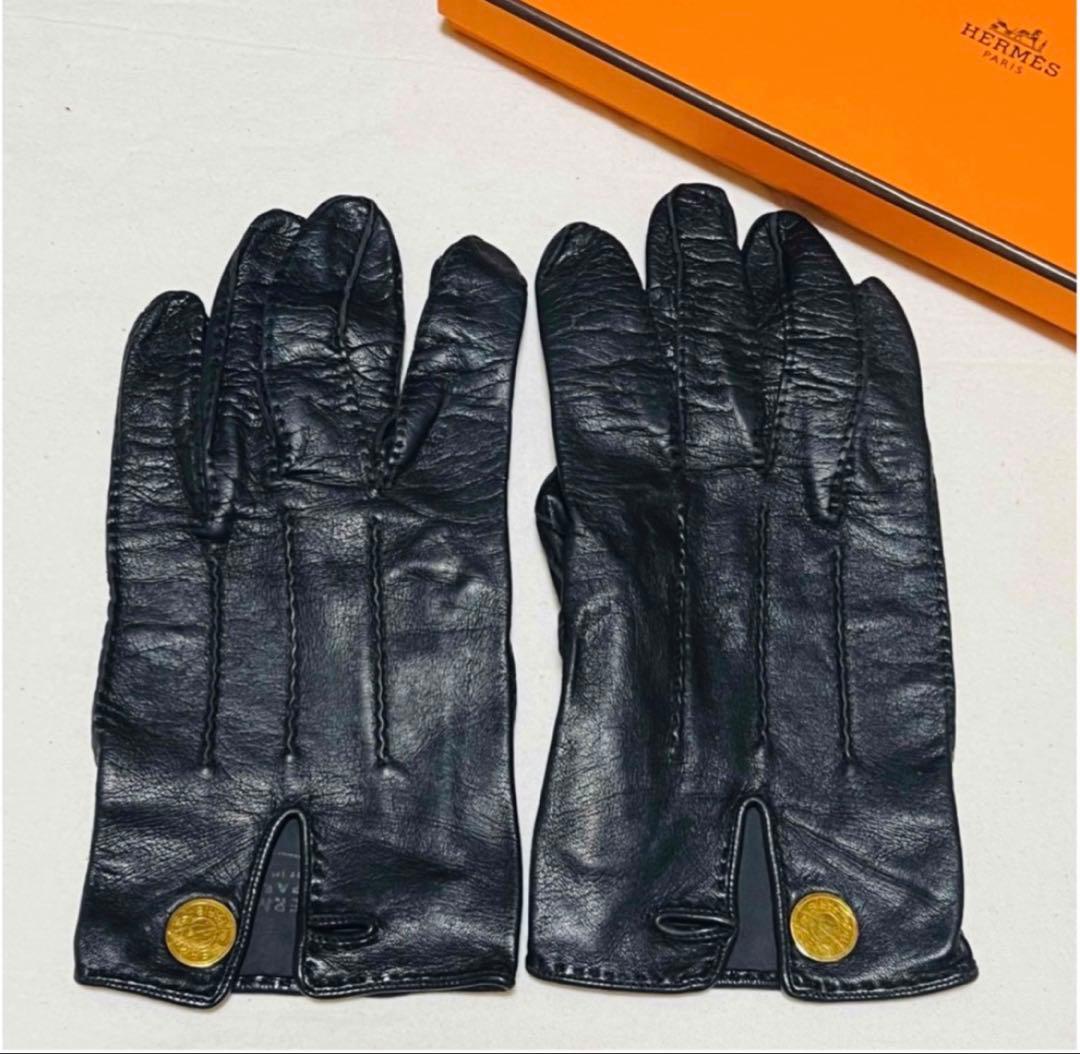 ヴィンテージHERMES セリエ 手袋レザー 黒レディース箱付サイズ7両手有り