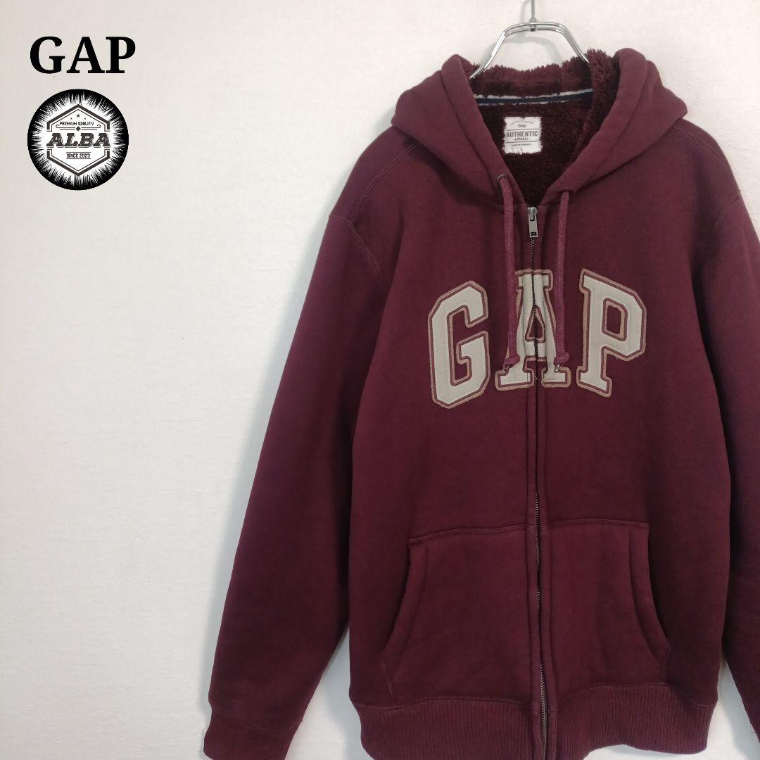 美品】GAP ギャップ パーカー 裏ボア ジップアップ 刺繍 ワインレッド