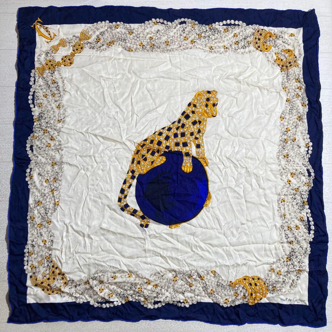 Cartier カルティエ スカーフ シルク 豹柄 ネイビー 約86×84cm - メルカリ