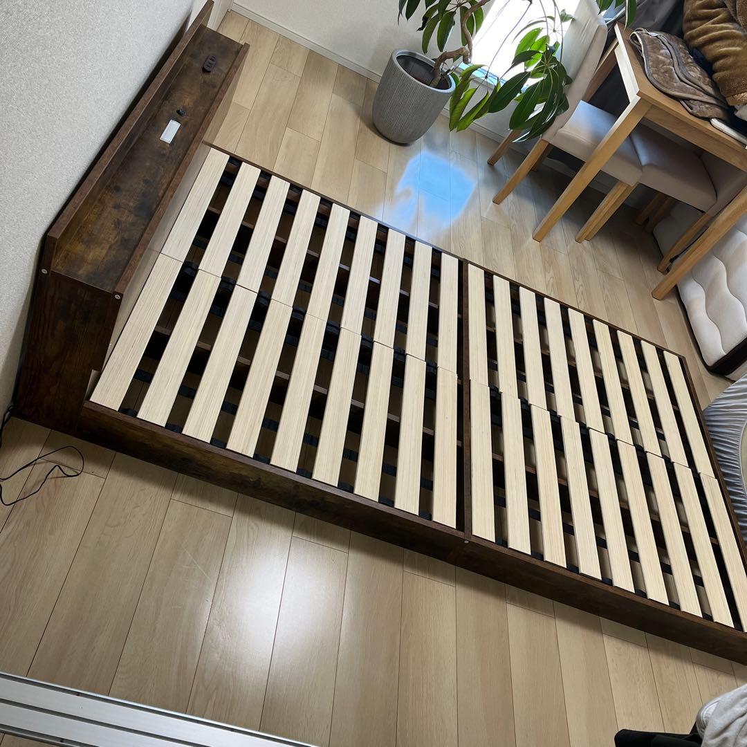 木製セミダブルベッドフレーム ダークブラウン ベッド ロングすのこベッド セミダブル ベッドフレーム 木製 棚付き 2