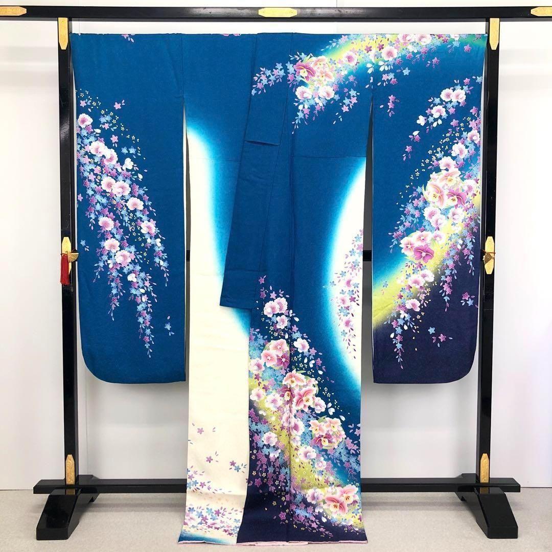 振袖 長襦袢セット 美しい花々 刺繍 銀通し 孔雀青色 ガード加工 K