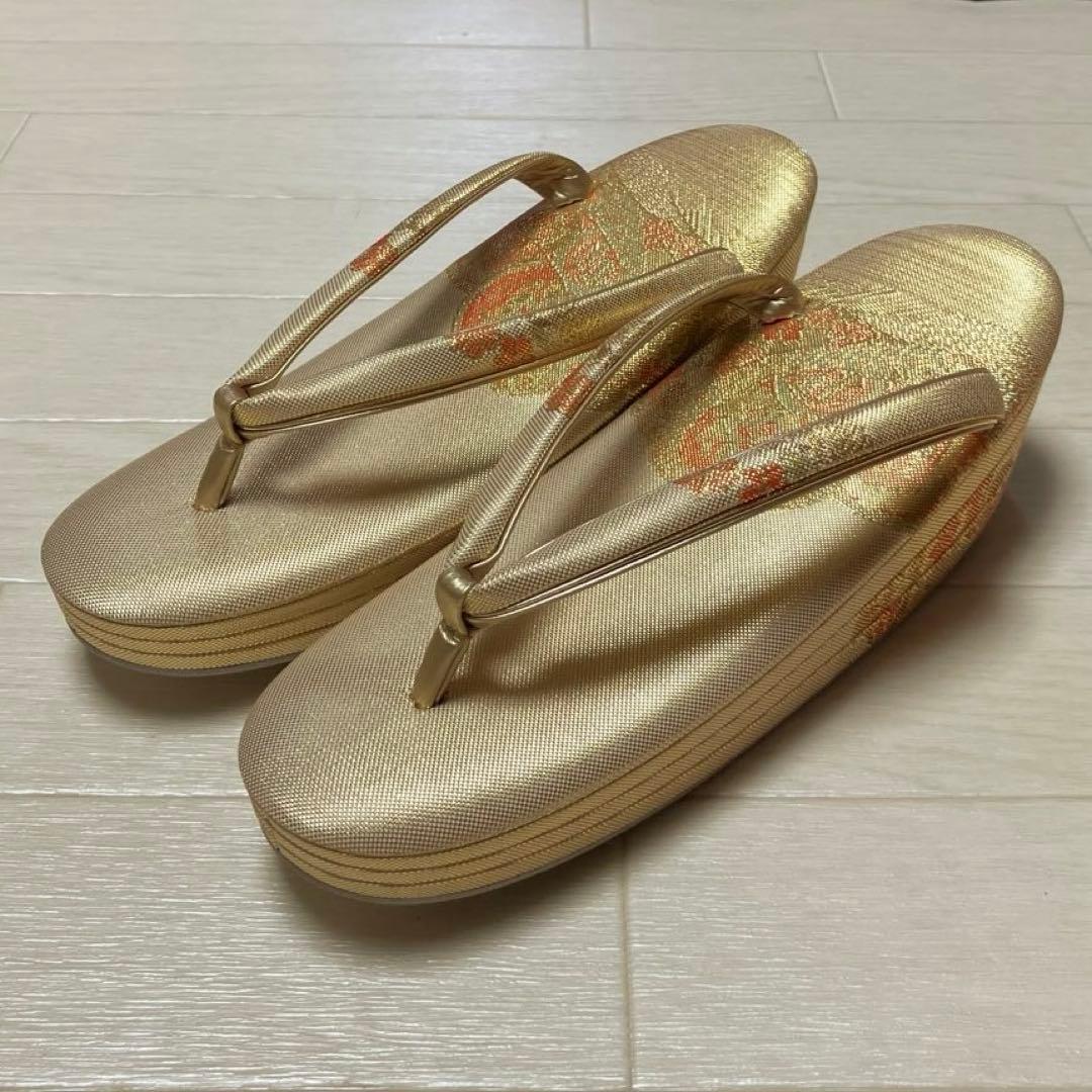《美品・箱付き》佐賀錦　草履バッグセット　東京芝山　正絹　ゴールド　厚底