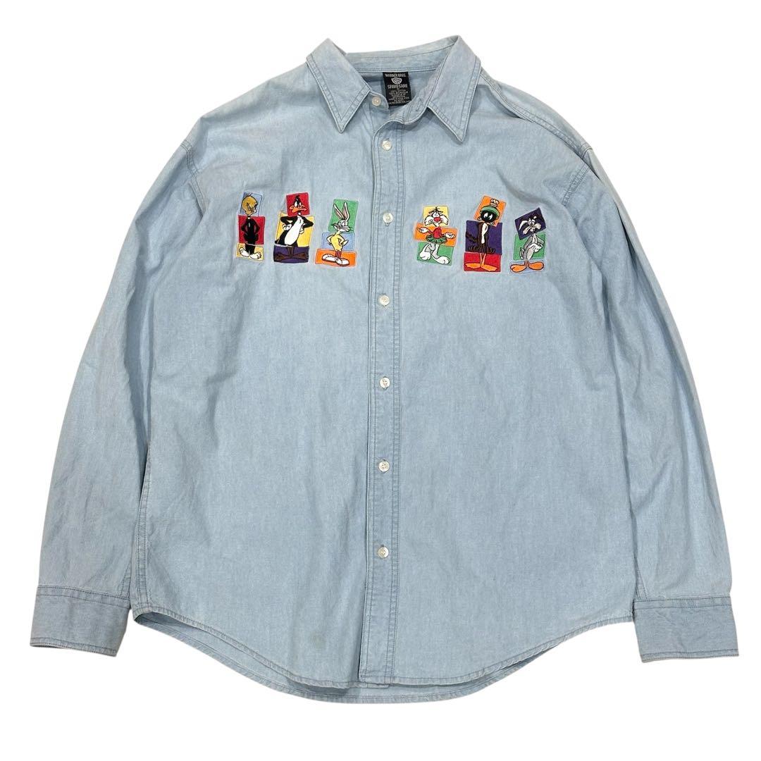 90s ワーナーブラザーズ ルーニーチューンズ 刺繍 シャンブレーシャツ