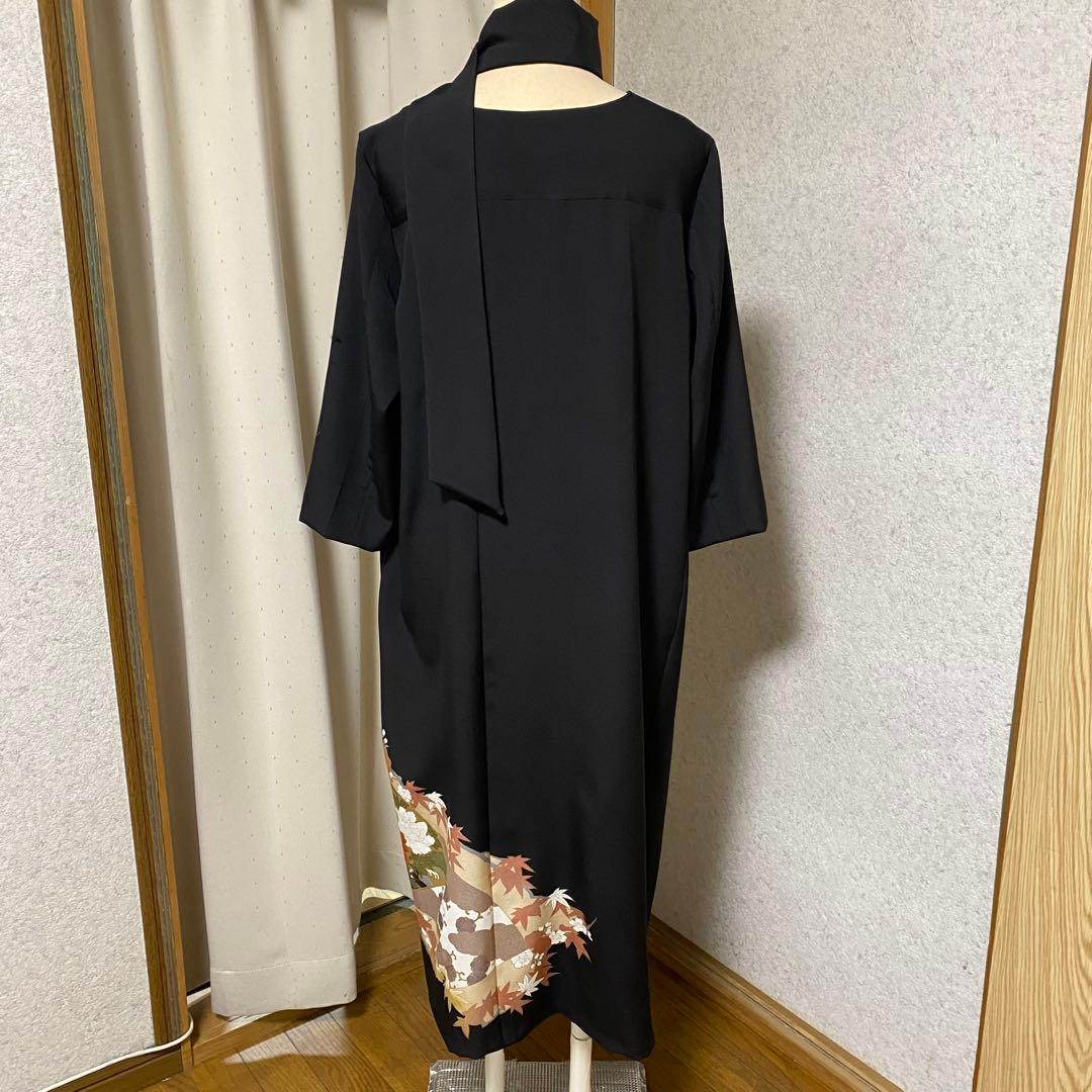 《LL 110cm》 黒留袖リメイク ヨーク切り替え 七分袖 ワンピース