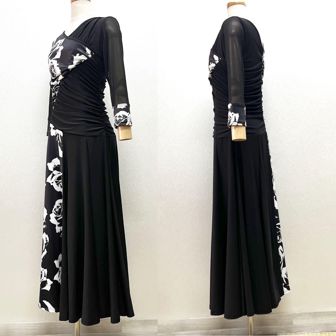 新品 社交ダンス ワンピース ブラック バラ柄 プリント サイズML