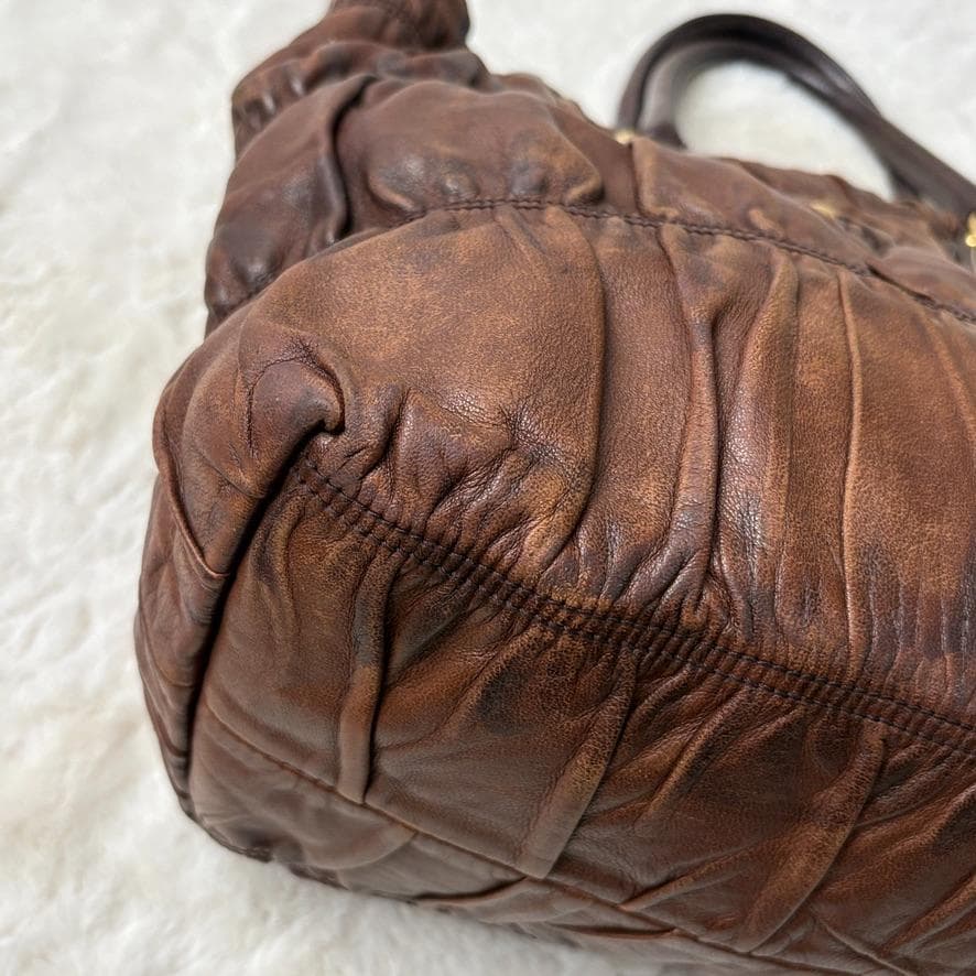 真贋済 PRADA プラダ ハンドバッグ 羊革 ゴーフル ブラウン