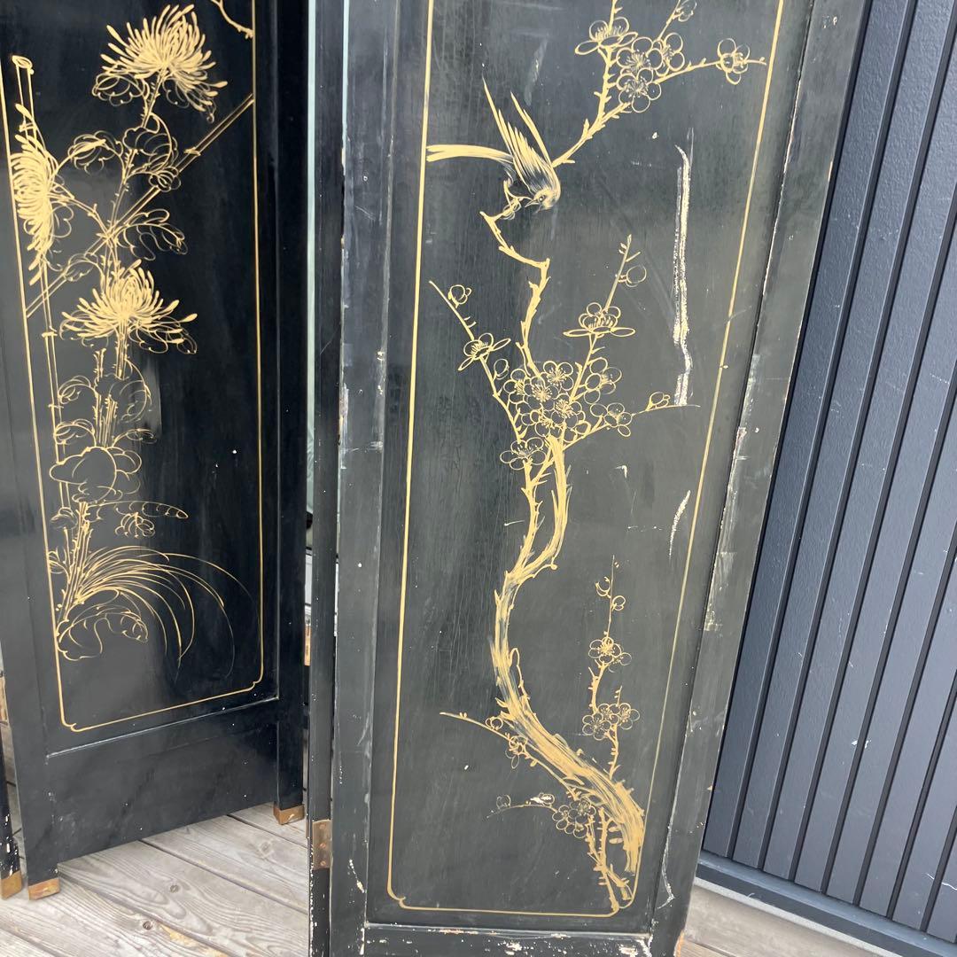 中国骨董 螺鈿細工 女性 古典画装飾彫り 木製 4連パーテーション 衝立