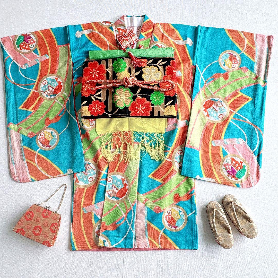 フルセット　七五三　７歳女の子　水色　蝶のし　モダン個性的　袖なし長襦袢7092 七五三 着物 7歳 女の子用 フルセット モダンdeおしゃれな 子供着物