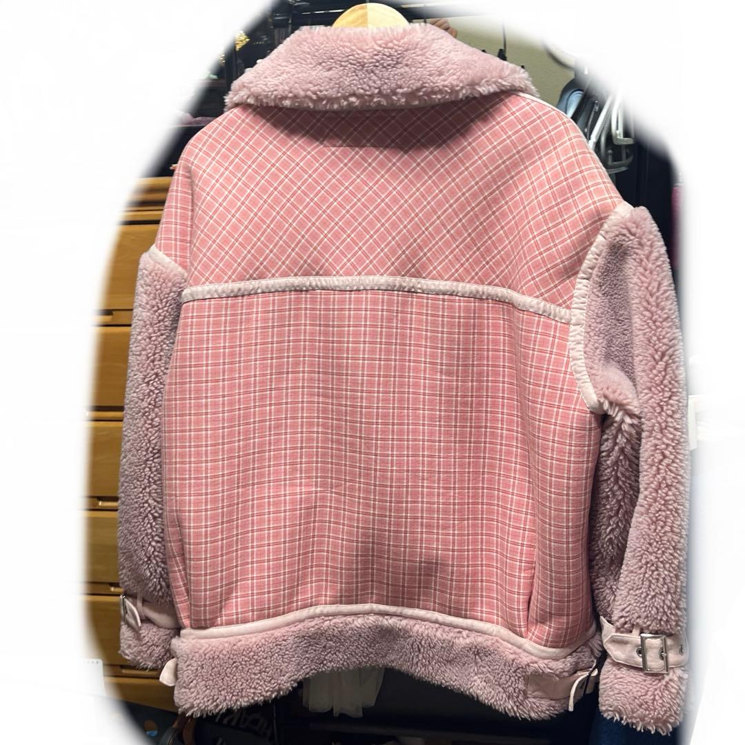 HEIHEI ボアチェックライダースジャケット ピンク チェック ムートン