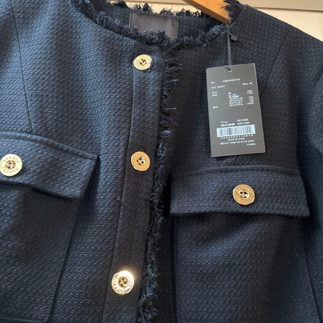 完売 アニュアンス ツイードノーカラーフォルムジャケット ネイビー