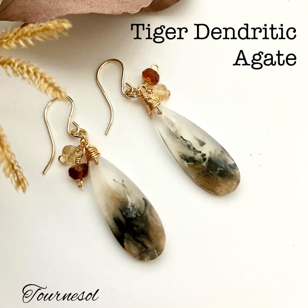 14kgf 天然石 一点物 タイガーデンドリティックアゲート ピアス