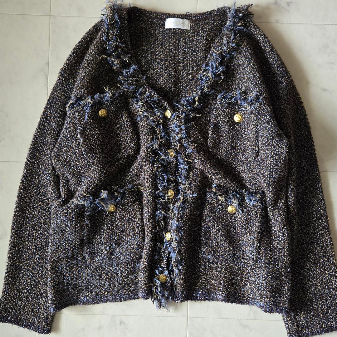 リヴドロワ ツイードニットカーディガン ブラウン 茶 金ボタン