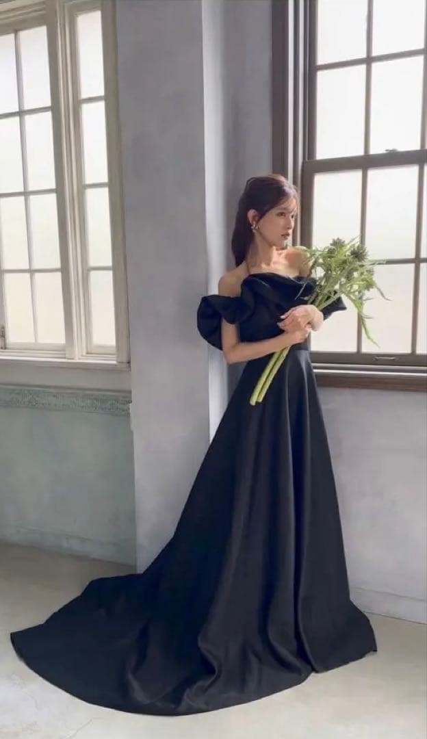 [DRESS PRODUCTION] ブラック Aライン ドレス黒ドレス オフショルダー Aラインドレス ブラック（W274BK）