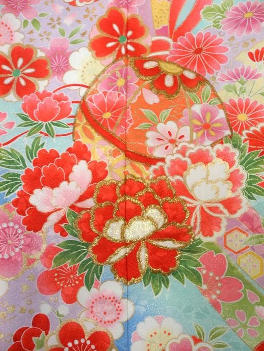 七五三やお祝い着 四つ身 7歳 女の子 振袖 着物 水色系4516【中古