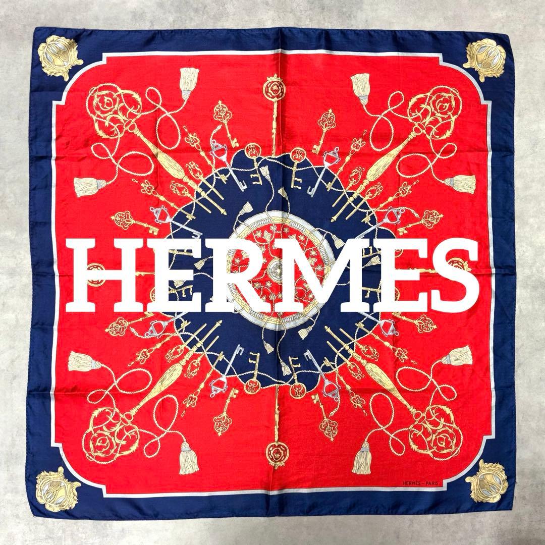 美品☆HERMES エルメス☆シルクスカーフ カレ90 レッド/ネイビー