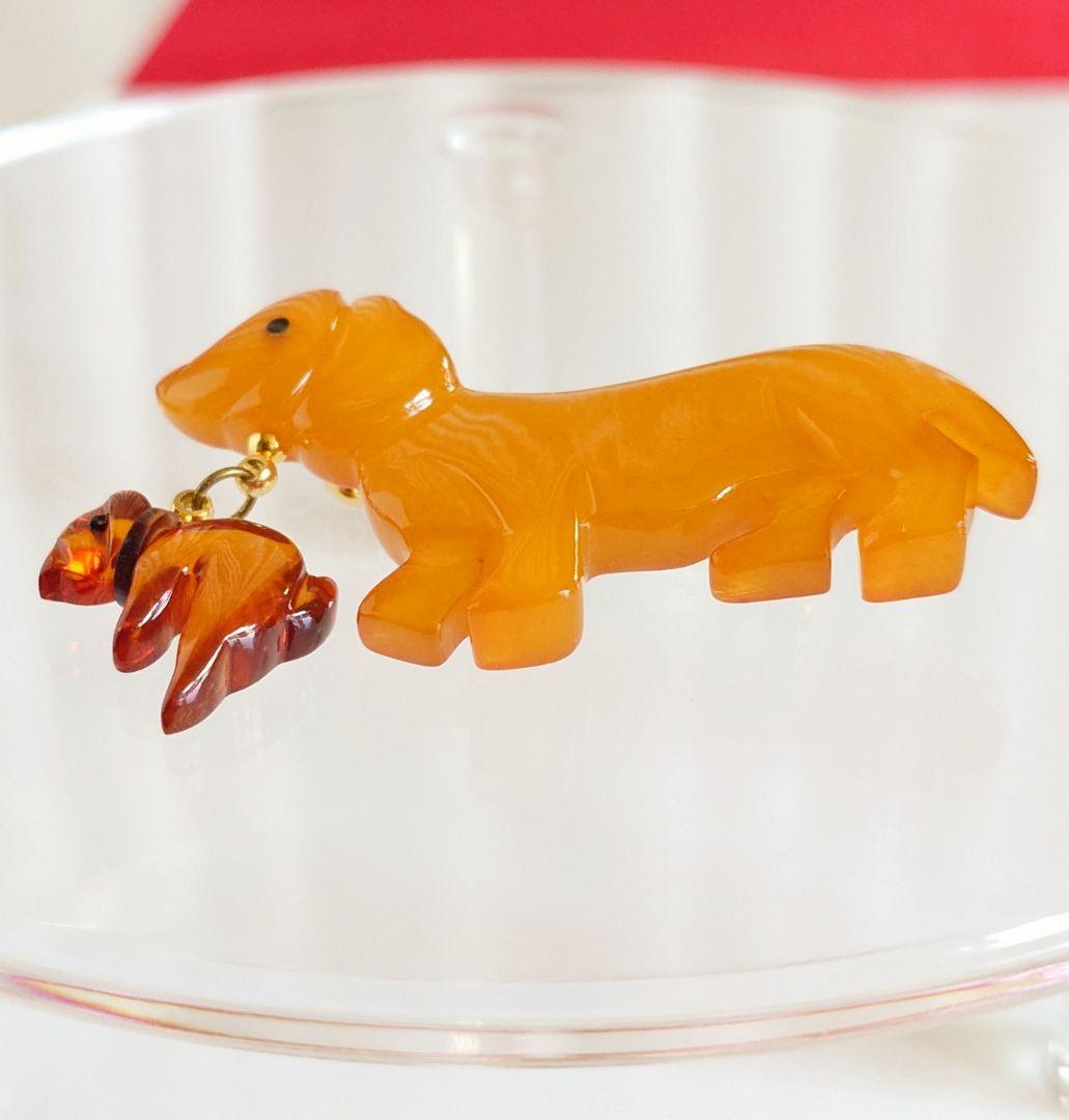 ヴィンテージ ブローチ バルト海琥珀 アンバー2種 ダックスフンド 親子
