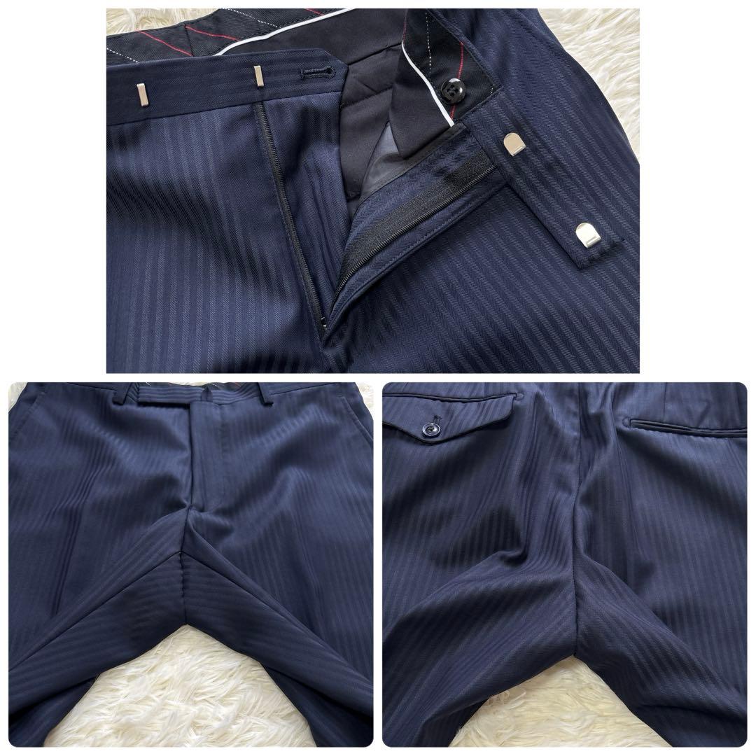 3ピース✨桂由美 ビジネス スーツ ネイビー ストライプ 92 A5 ウール混合