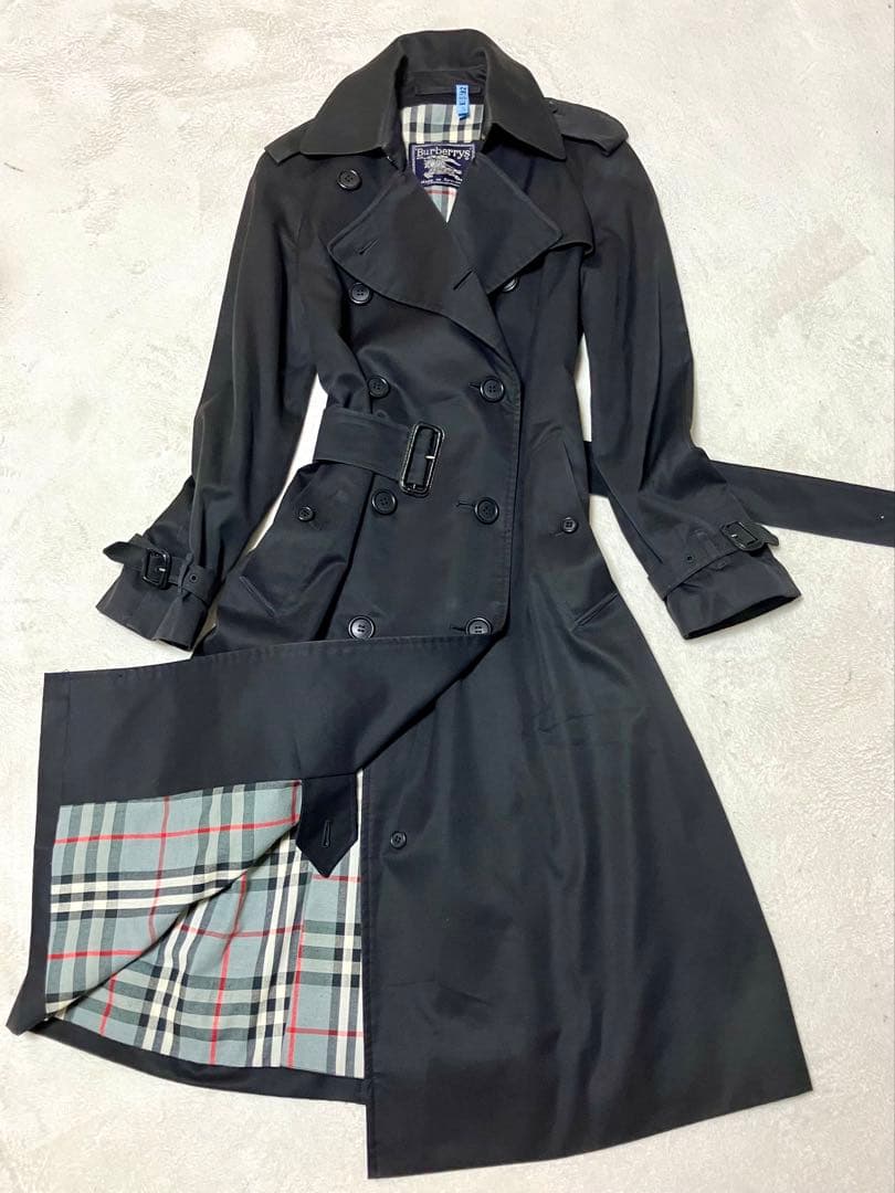 バーバリー 英国製 トレンチコート ロング 裏ノバチェック総柄 ベルト　黒　S BURBERRY（バーバリー） 良品△BURBERRY サンドリンガム 裏地ノバ