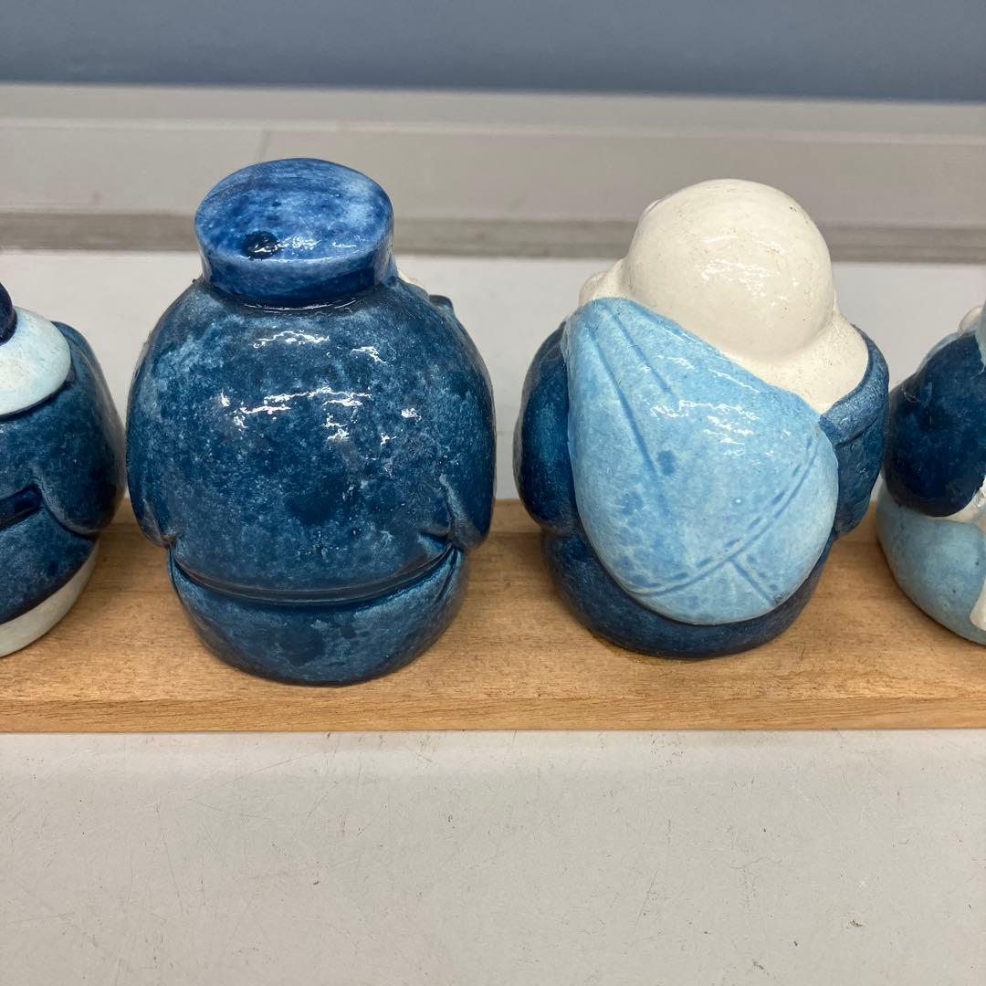 3F 七福神 置物 縁起物 陶器 染付 藍色 7体セット 木製台座付き