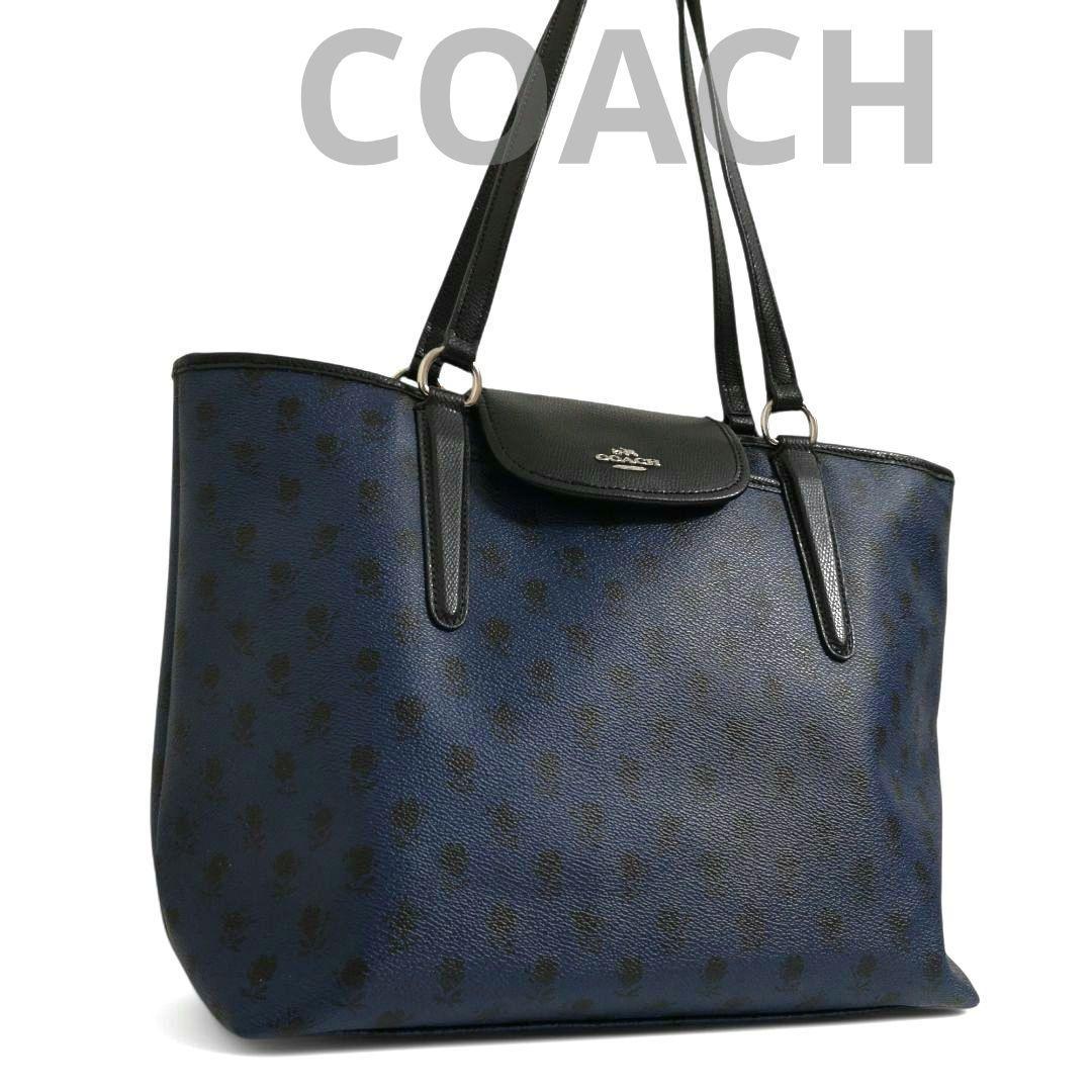 美品 コーチ A4可 ネイビー×ブラック花柄 シティトート PVC 35025