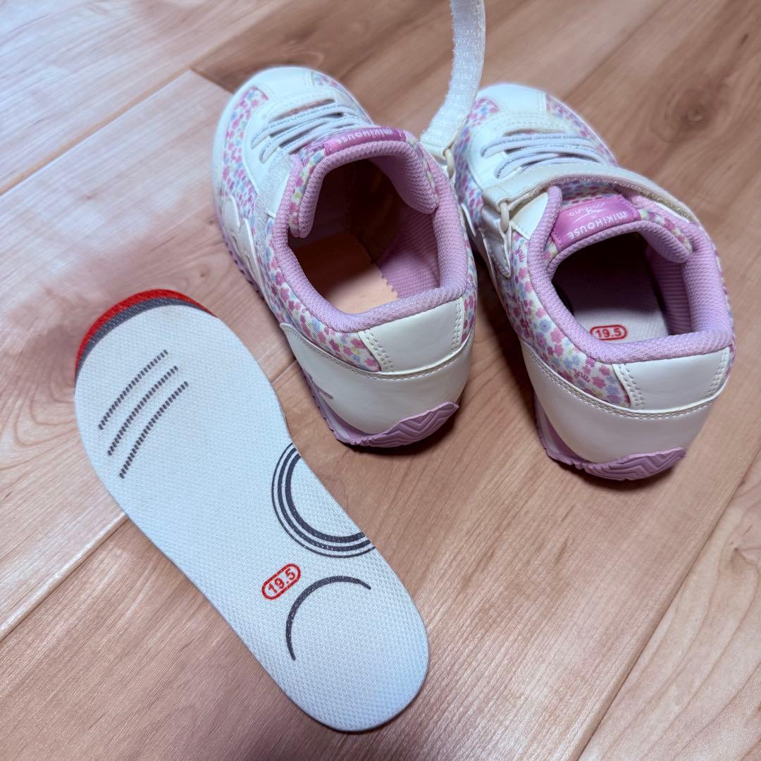 19.5cm Mizuno ミキハウス　コラボ　花柄スニーカー ホワイト/ピンク