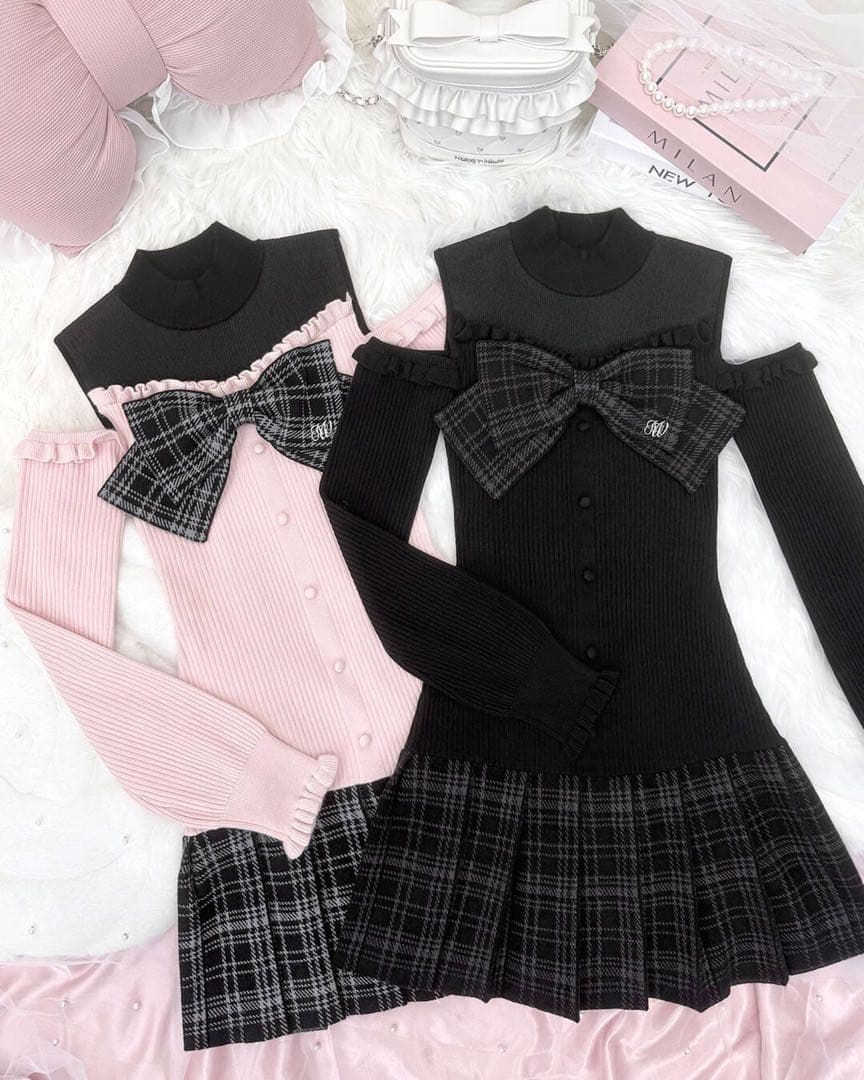 ♡ HONEYMEW ハニーミュウ チェックリボン肩空きプリーツワンピース