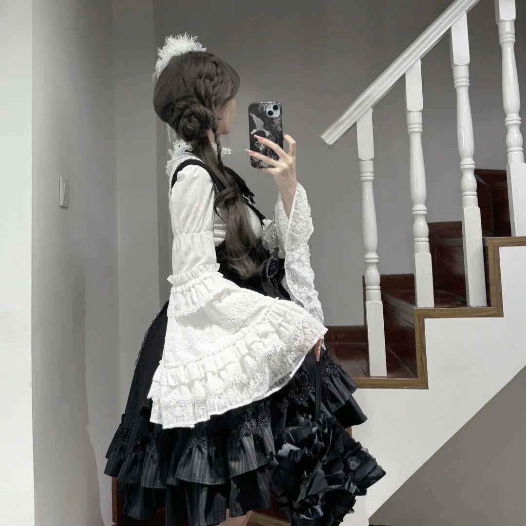 ロリータ フリルブラウス 後ろ編み上げ姫袖 シャーリング ホワイト