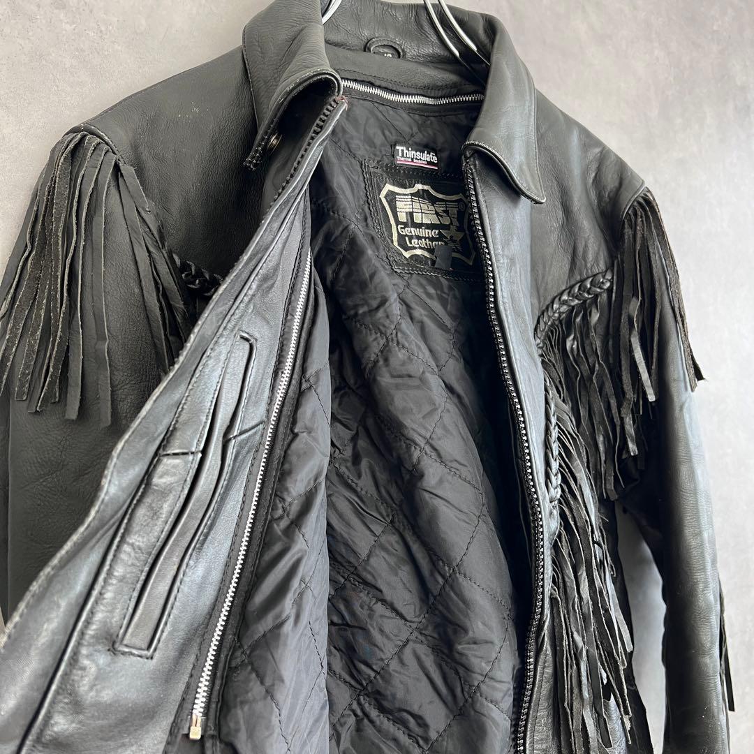 古着 本革フリンジライダースジャケット ヴィンテージ レザー ブラック