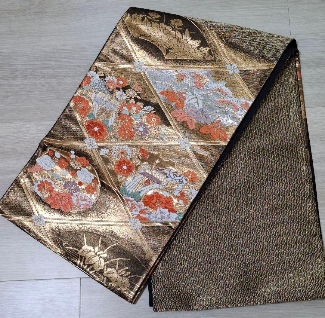 振り袖・帯2点セット 正絹 古典柄 綸子地 舞華袋帯御所車 草花金糸刺