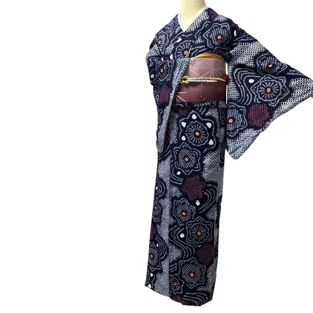 AA36有松鳴海絞り高級浴衣 花 綿レディース浴衣単品 お仕立て上がり