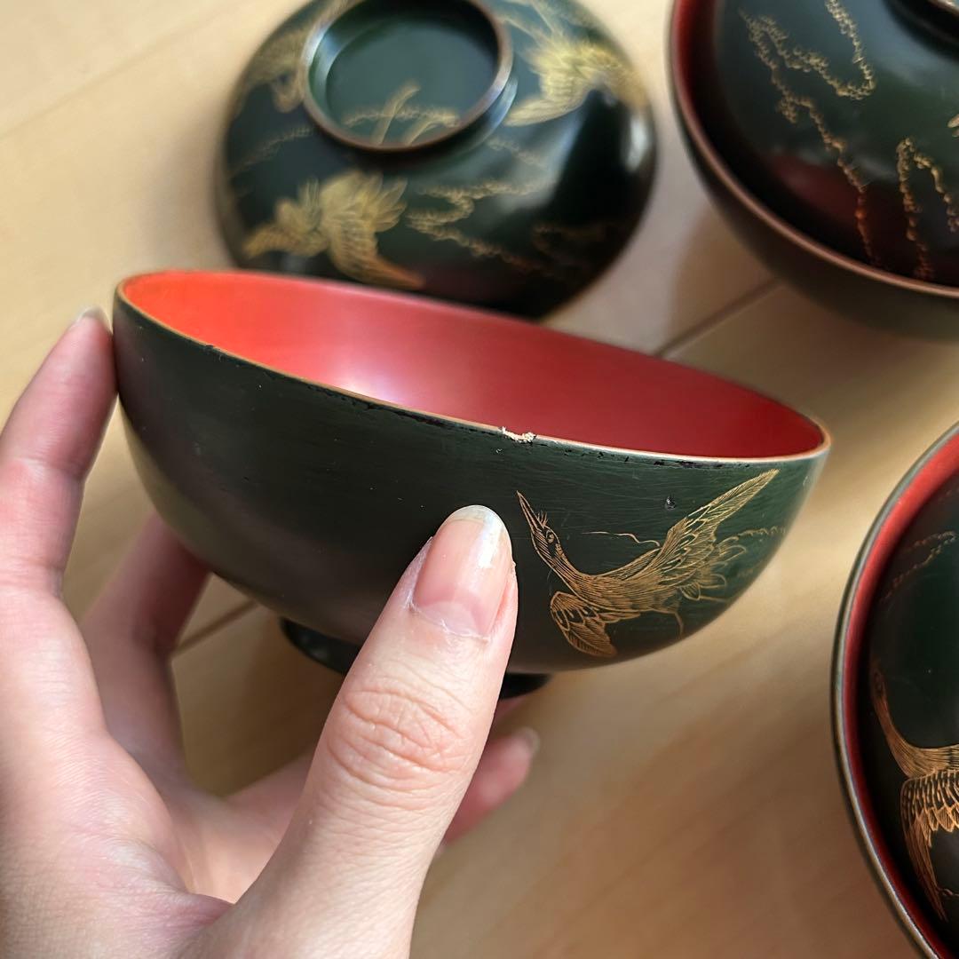 木製輪島塗 漆器 沈金花絵 蒔絵 懐石道具 塗椀 3客 幕末〜明治 古