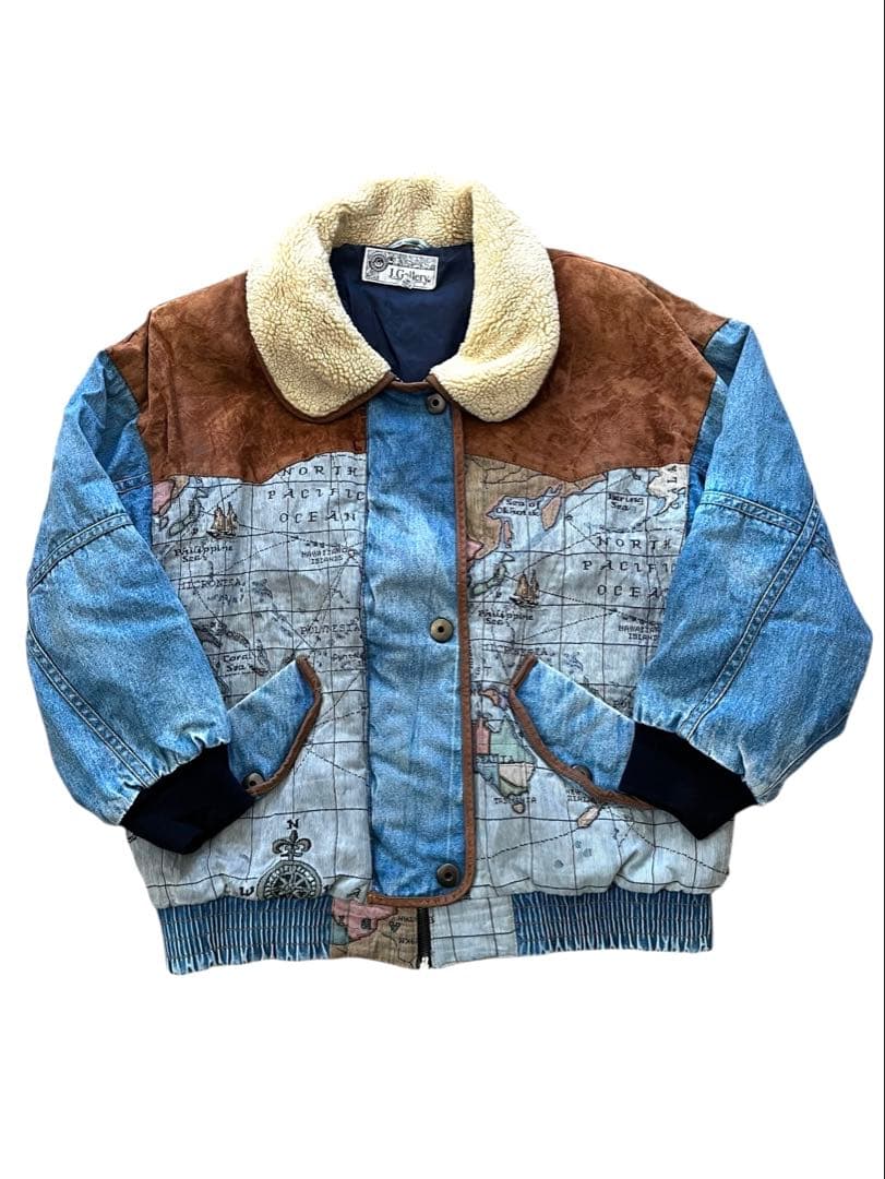 90's J Galleryジェイギャラリー襟ボアデニム地図柄ジャケットM 80s メキシコ製 TEXCO ボアジャケット Gジャン ランチコート ワーク