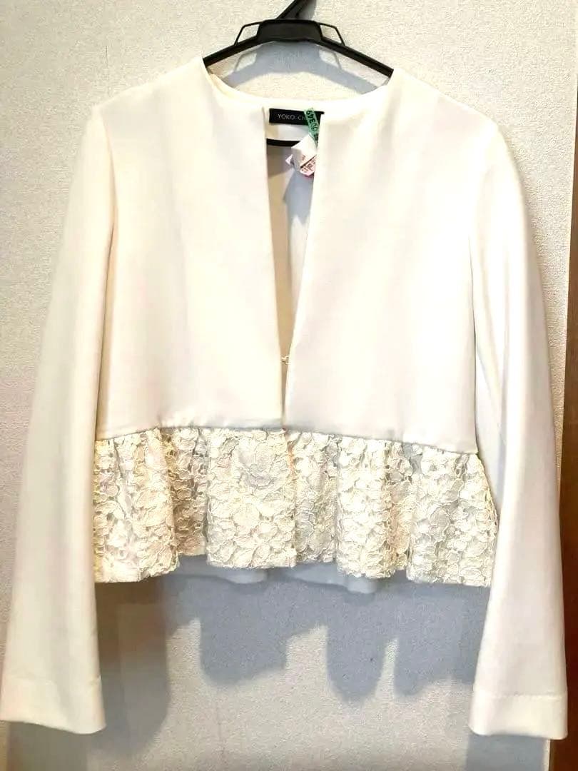 美品ヨーコチャンYOKO CHAN ノーカラーレースペプラムジャケット 白36