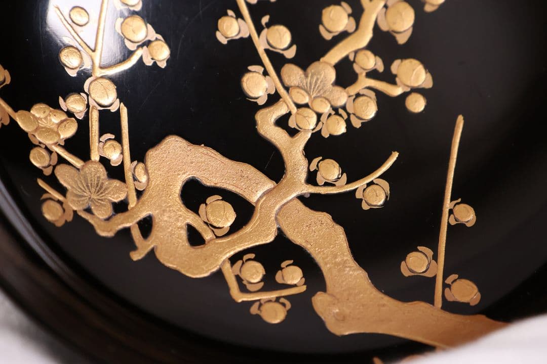 CM233】古い木皿 五客 梅 金蒔絵 黒塗 小皿 菓子皿 木製漆器 大正昭和