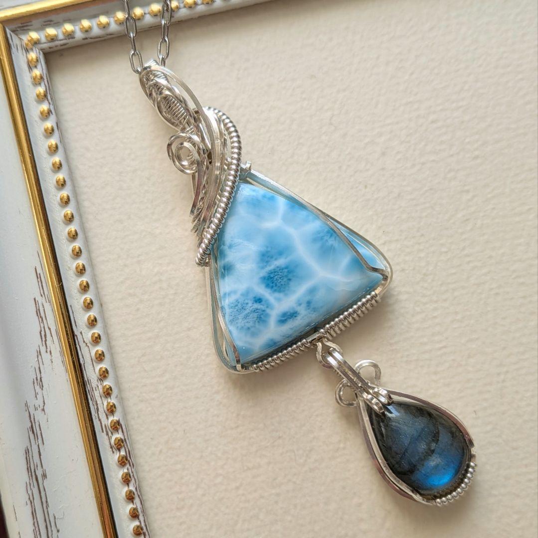 silver925ラリマー&ラブラドライト❅ワイヤーアートペンダントトップ