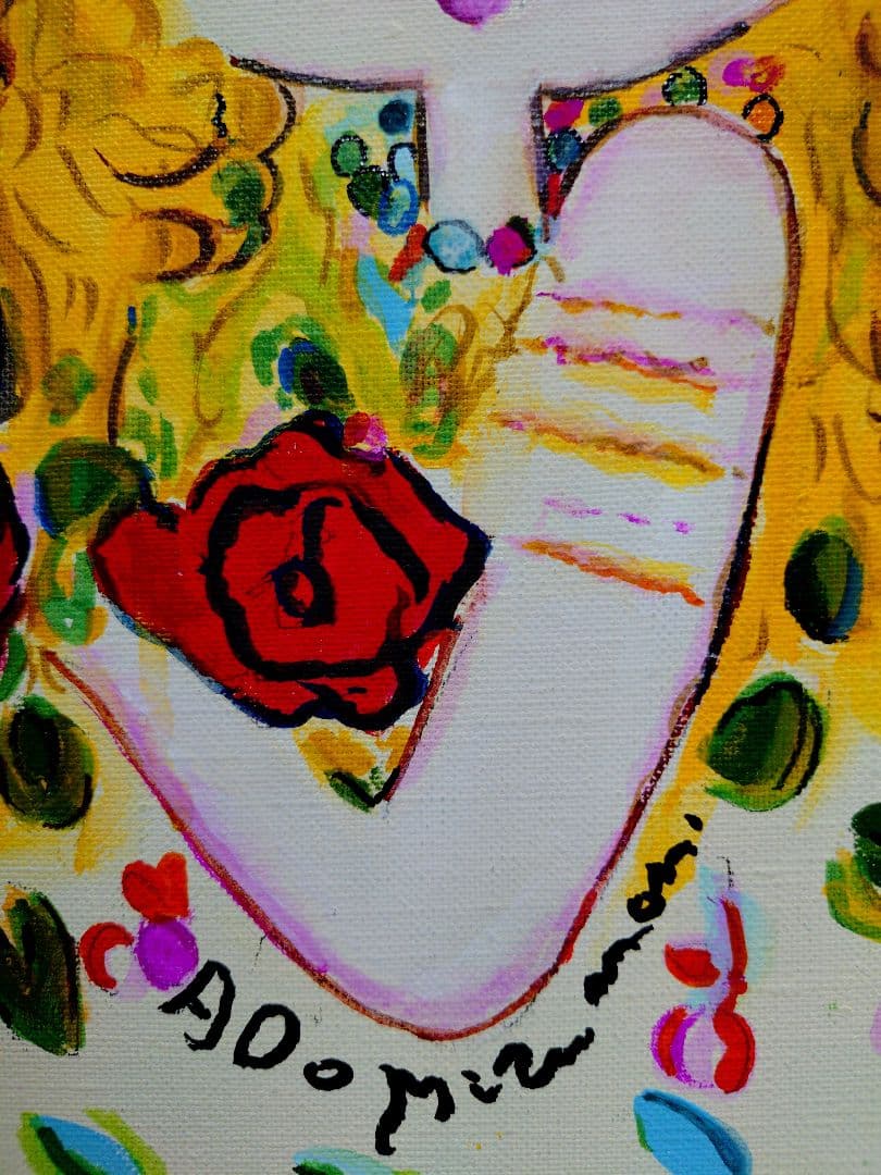 F6号】水森亜土 手描き作品/表裏サイン・裏描き有/油彩/アクリル/額縁