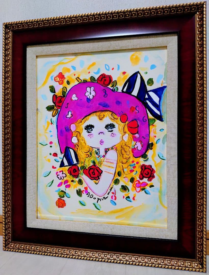 F6号】水森亜土 手描き作品/表裏サイン・裏描き有/油彩/アクリル/額縁