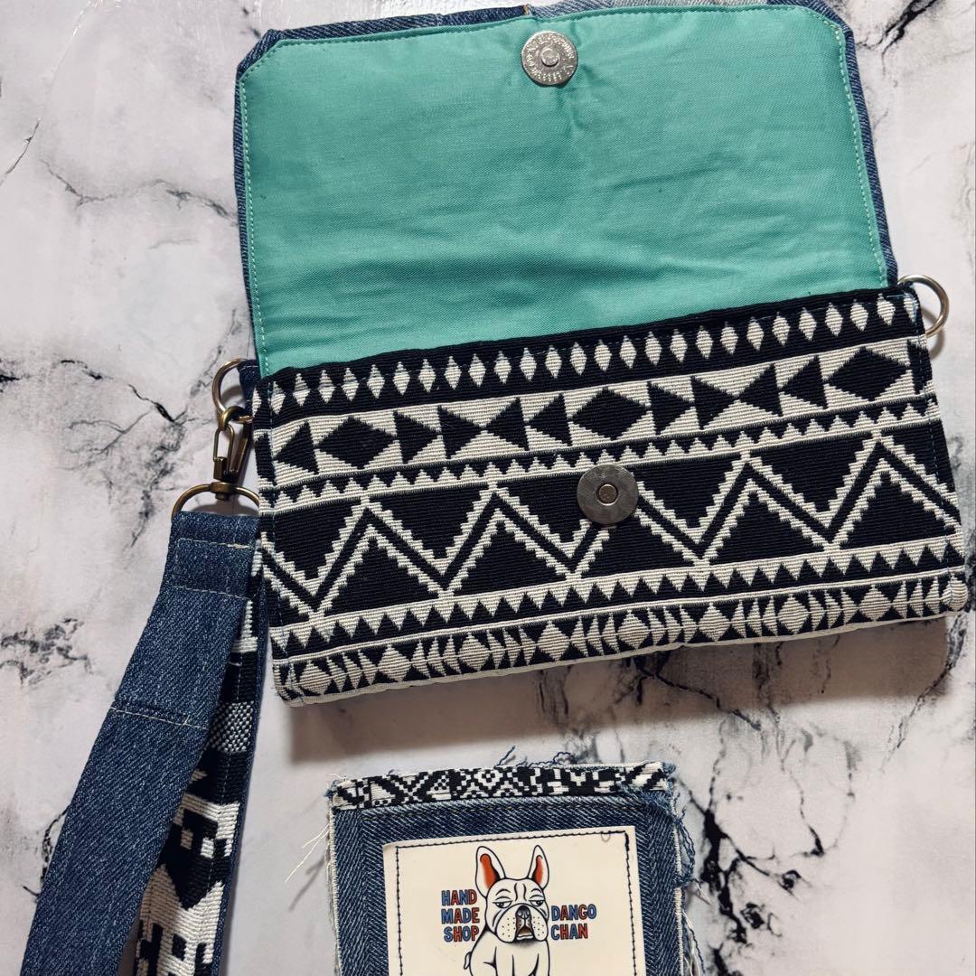 デニムリメイク 財布 オルテガ柄 ダブルファスナー 一点物