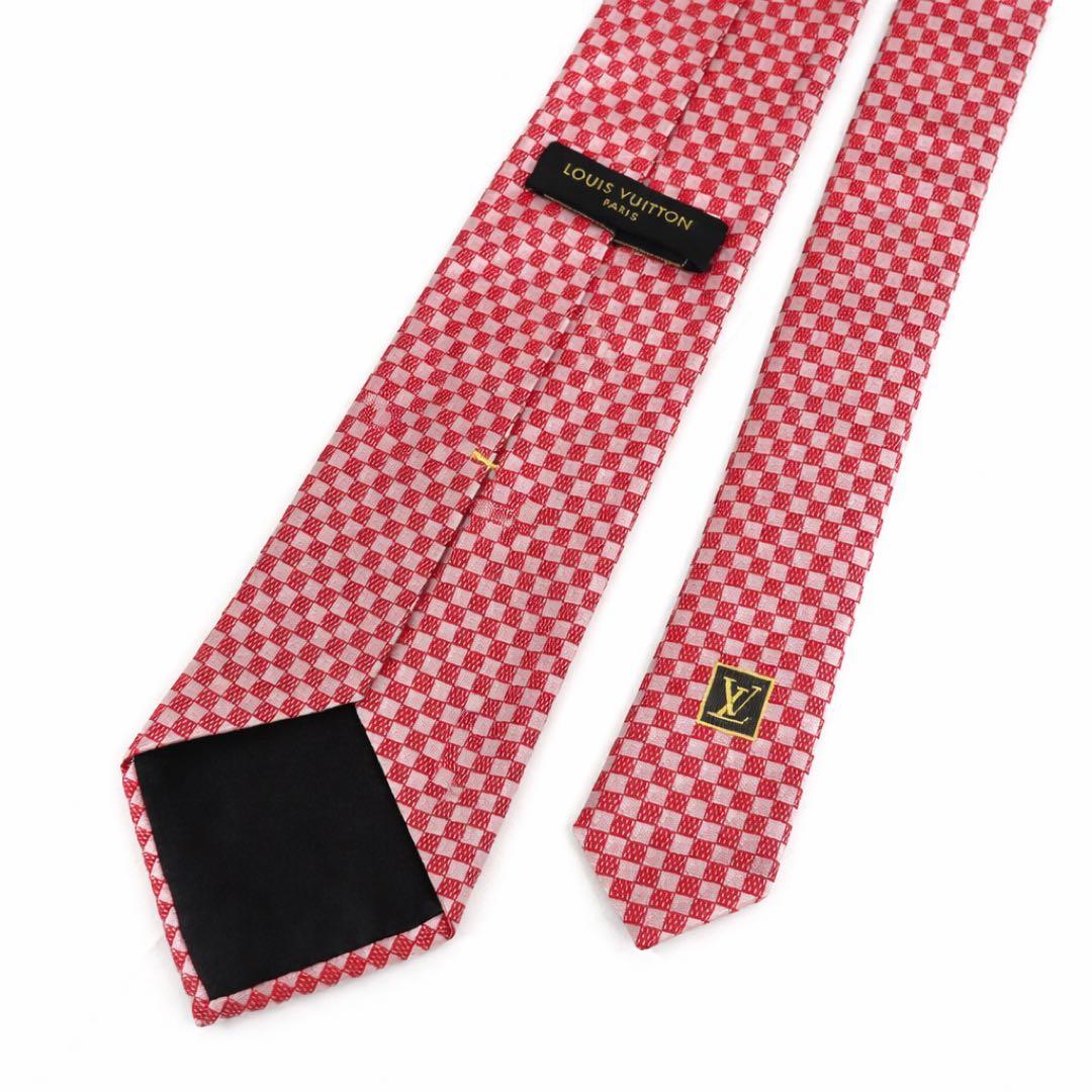 美品】ルイヴィトン ネクタイ 赤×白 ダミエ LVロゴ 刺繍 シルク 厚地