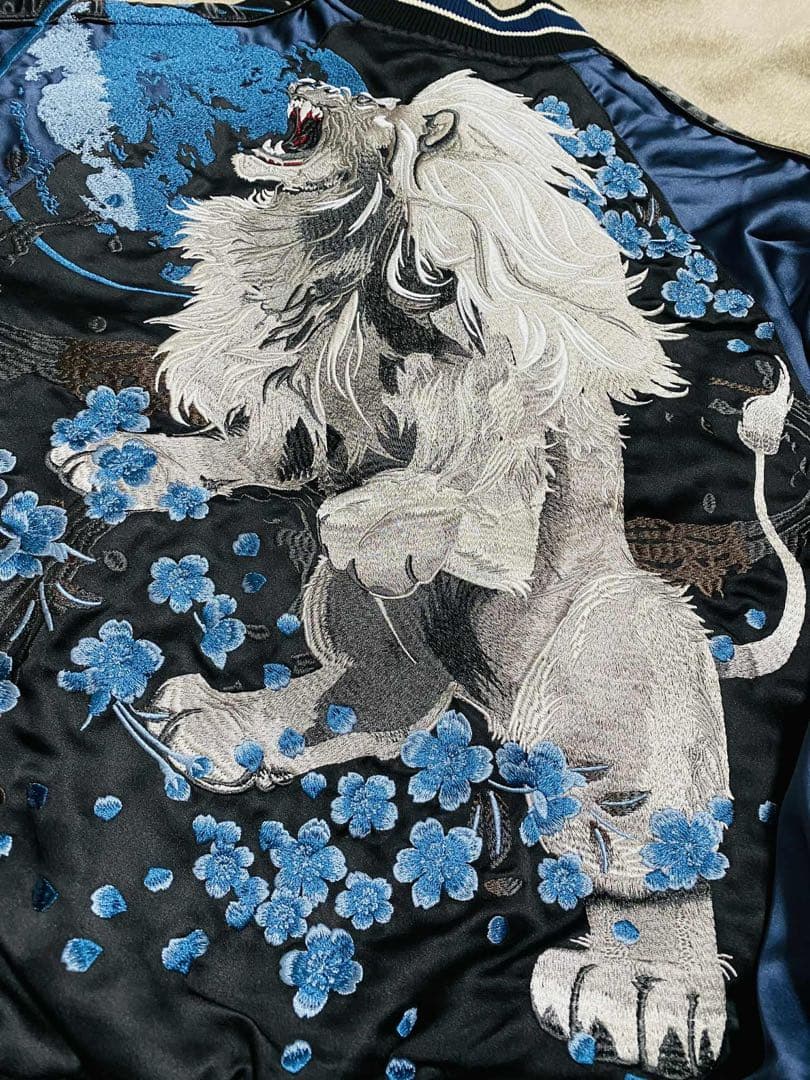 未使用 SKAJAN ライオン 日本 スカジャン unisex サテン 美品 青