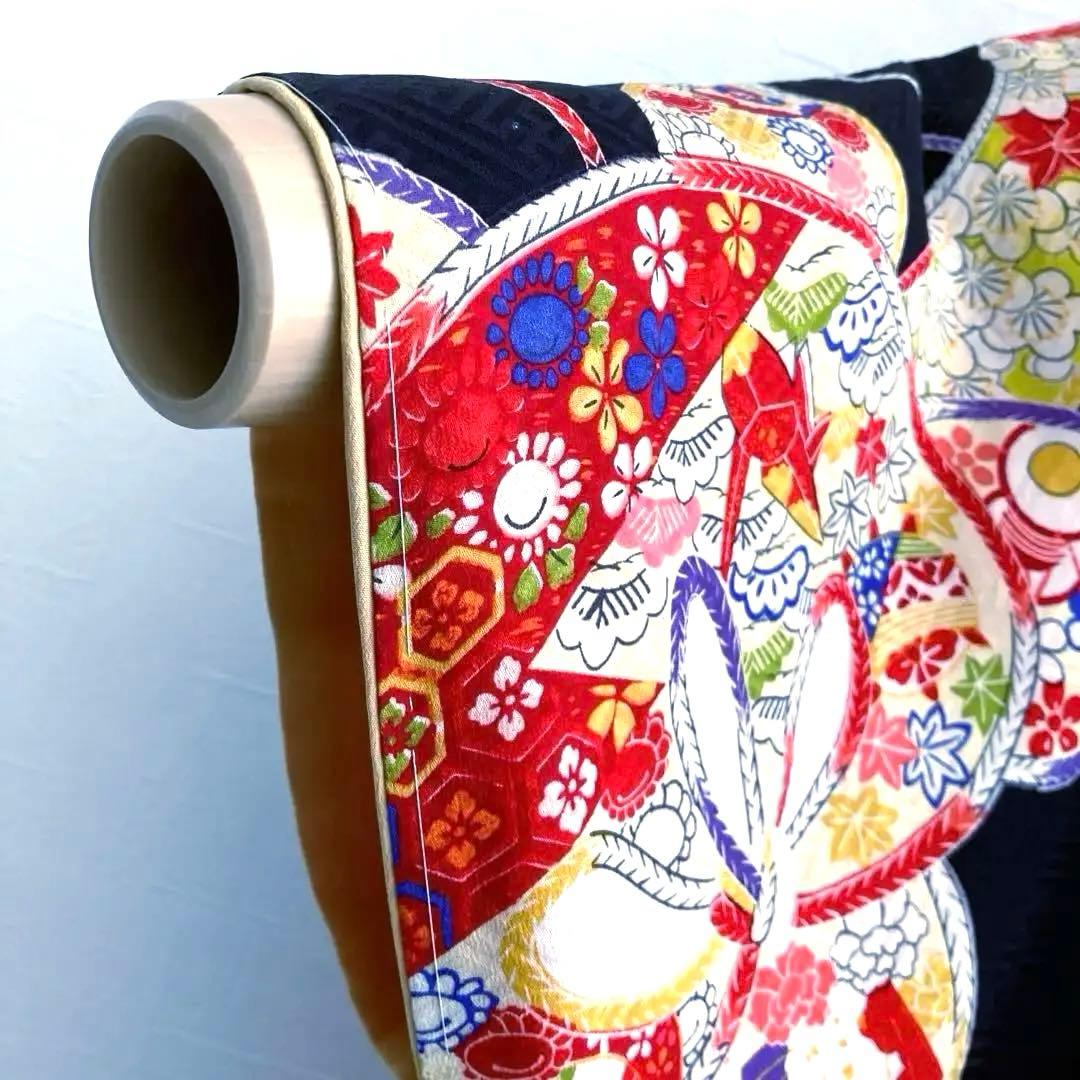 アンティーク着物　子供着物　正絹　黒　花模様　未使用しつけ糸付　No.6-20