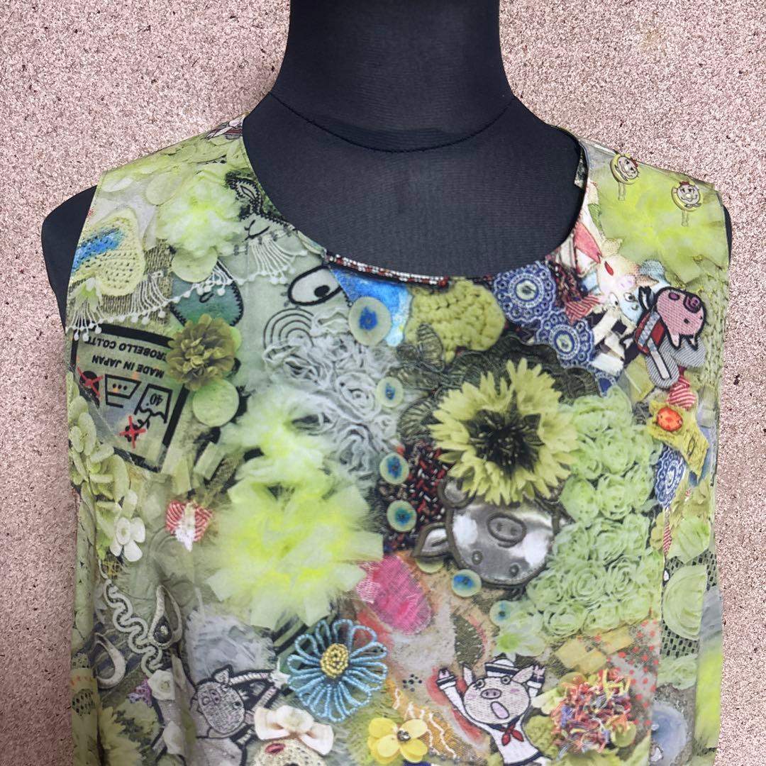 新品タグ付】アルベロベロ ぶたさんコラージュワンピース M グリーン